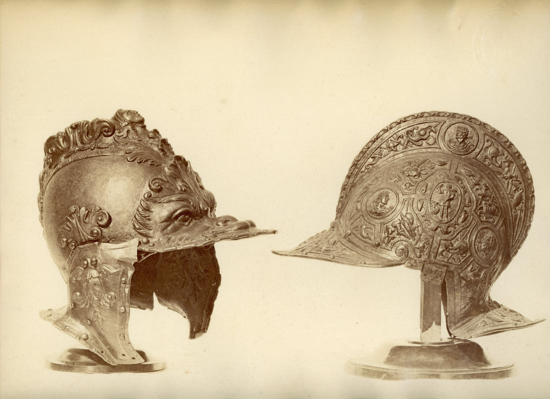 Battle Helmets, Museo d'Arte Industriale, Milano. c1870: Battle Helmets, Museo dArte Industriale, Milano. C1870. By G. Rossi. With Museo d'Arte Blind Stamp. 10.25 13.25 in.