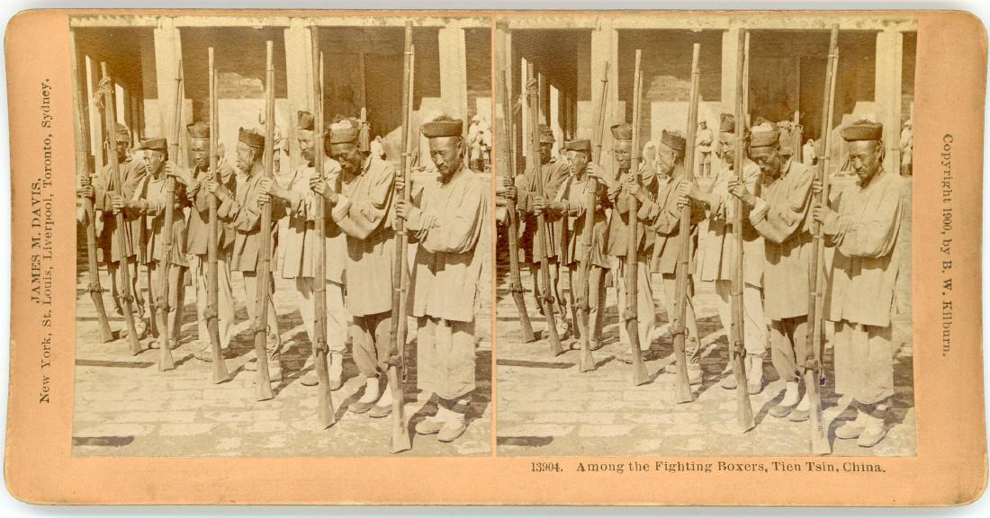 Stereo View of Fighting Boxers, China, c1900: Stereo View of Fighting Boxers, Tien Tsin, China, c1900. By James M. Davis for B.W. Kilburn. Good contrast and tonality. Unless otherwise stated in description, buyer pays shipping cost for 1 -6 items