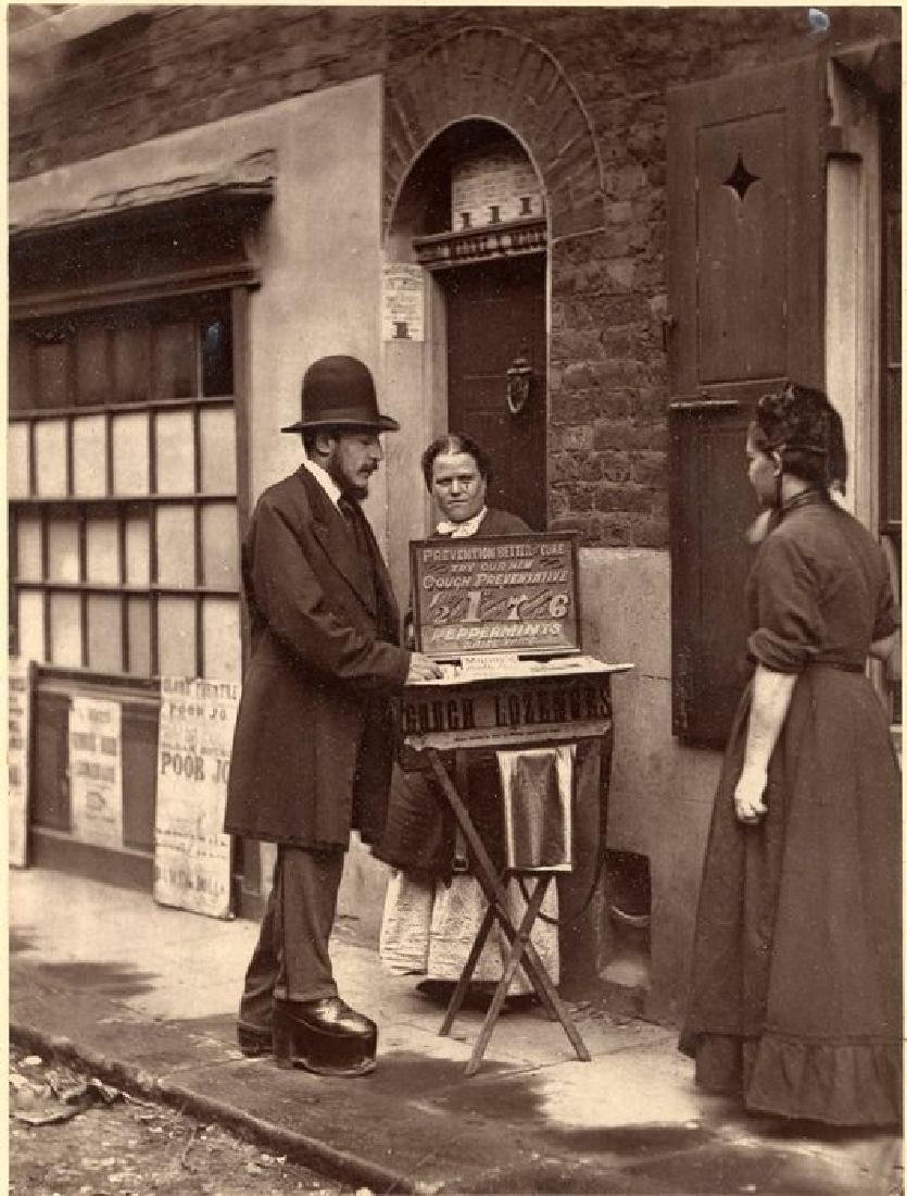 Carbon print - Street Doctor. c1877: Carbon print (Woodburytype) - Street Doctor. C1877. From John Thomson's famous series Street Life in london. 1877. Exceptional contrast and tonality. 4.5 x 3.375 in. 11.5 x 8.5 cm. Unless otherwise st