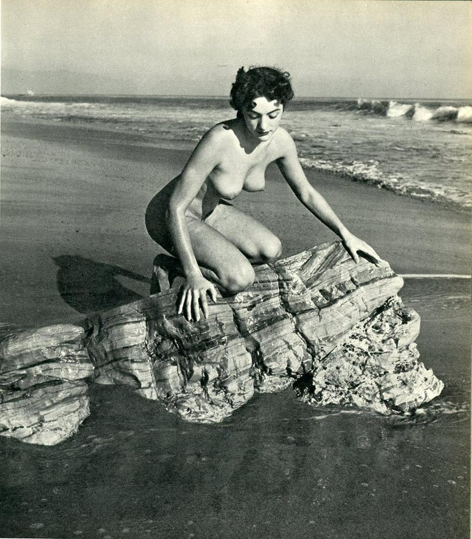 Nude by Andre de Dienes. C1956: Nude by Andre de Dienes. C1956. American-Hungarian photographer famous for nude photography and photographs of a young Marilyn Monroe. Photogravure from The Nude. 7.75 x 6.875 in. Reverse: 7.875 x 7 i