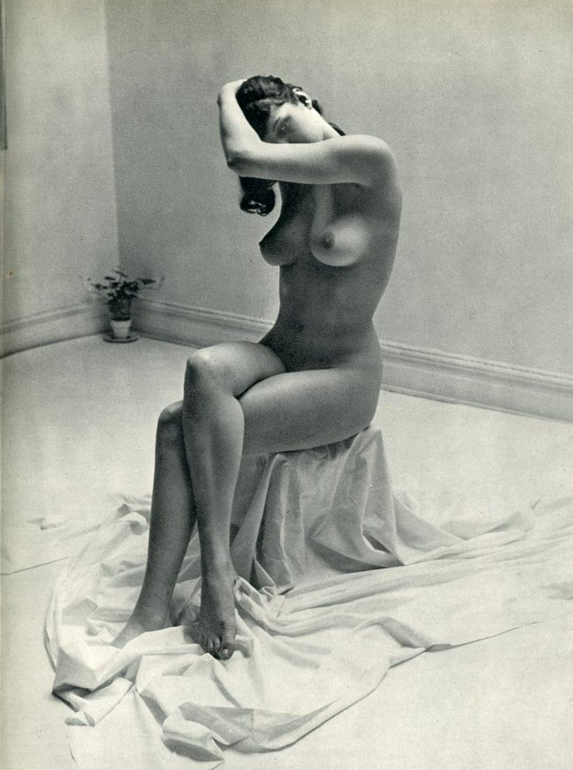 Nude by Andre de Dienes. C1956: Nude by Andre de Dienes. C1956. American-Hungarian photographer famous for nude photography and photographs of a young Marilyn Monroe. Photogravure from The Nude. 9 x 6.75 in.