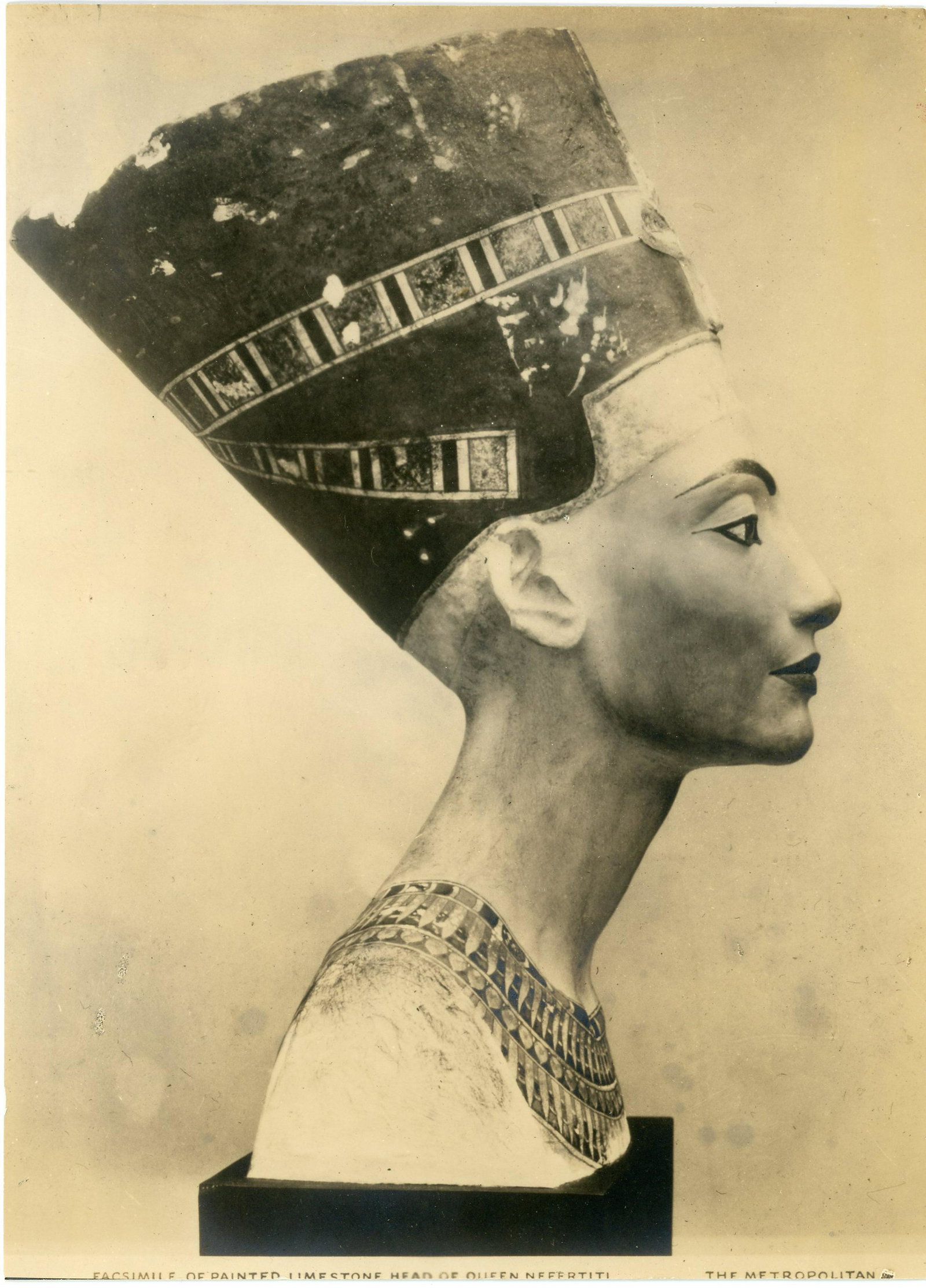 Head of Queen Nefertiti. c1925: Head of Queen Nefertiti. C1925. A Facsimile of Painted limestone head of the Queen made by the Metropolitan Museum. Good contrast and tonality. 8.875 x 6.5 in.