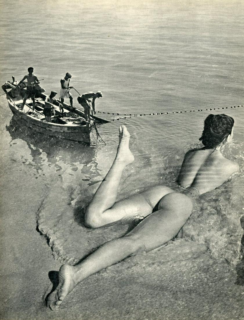 Nude by Andre de Dienes. C1956: Nude by Andre de Dienes. C1956. American-Hungarian photographer famous for nude photography and photographs of a young Marilyn Monroe. Photogravure from The Nude. 10.75 x 8.25 in.