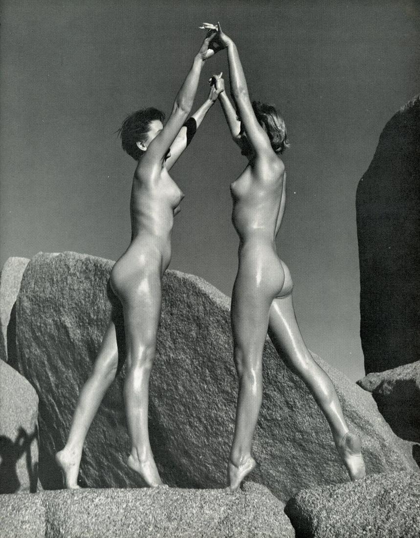 Nude by Andre de Dienes. C1958: Nude by Andre de Dienes. C1958. American-Hungarian photographer famous for nude photography and photographs of a young Marilyn Monroe. From Nude Pattern. Small ding on top corner. 10.75 x 8.375 in. Re