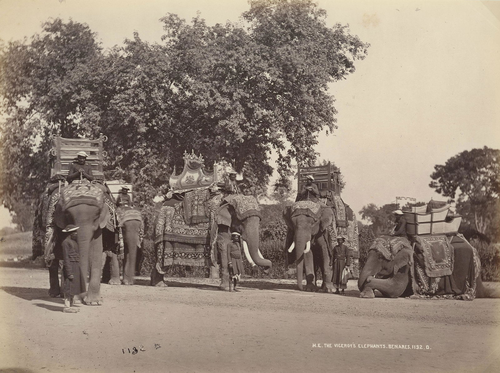 Benares; His Excellency, the Viceroy's Elephants.: Benares; His Excellency, the Viceroy's Elephants. c1870. Very Good contrast & tonality, edge fading. Photographer: Samuel Bourne #1132D. 8 x 10.25 in