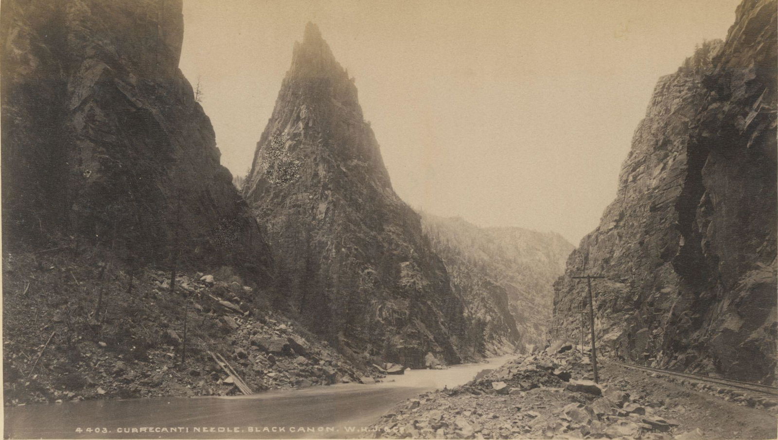 Currecanti Needle, Black Canyon, Colorado. c1880: Currecanti Needle, Black Canyon, Colorado. C1880. Good contrast and tonality, edge fading. Photographer: William Henry Jackson. 4 x 7.125 in.