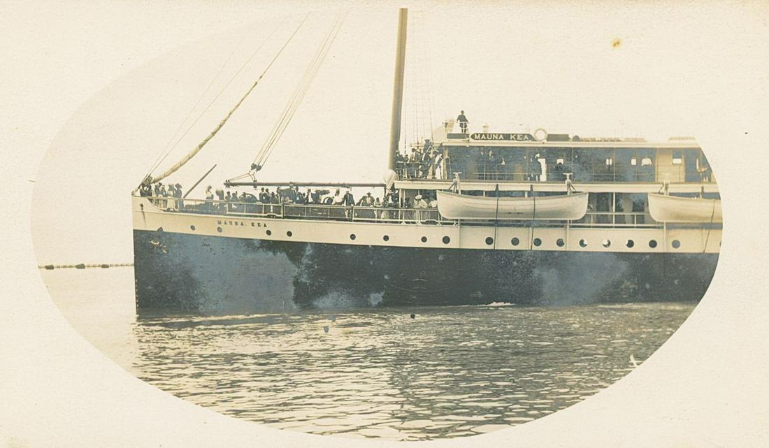 The Mauna Kea ship in Hawaiian waters. c1910: The Mauna Kea ship in Hawaiian waters. C1910. Good contrast and tonality. Photographer: Ernest Moses. 2.75 x 4.375 in