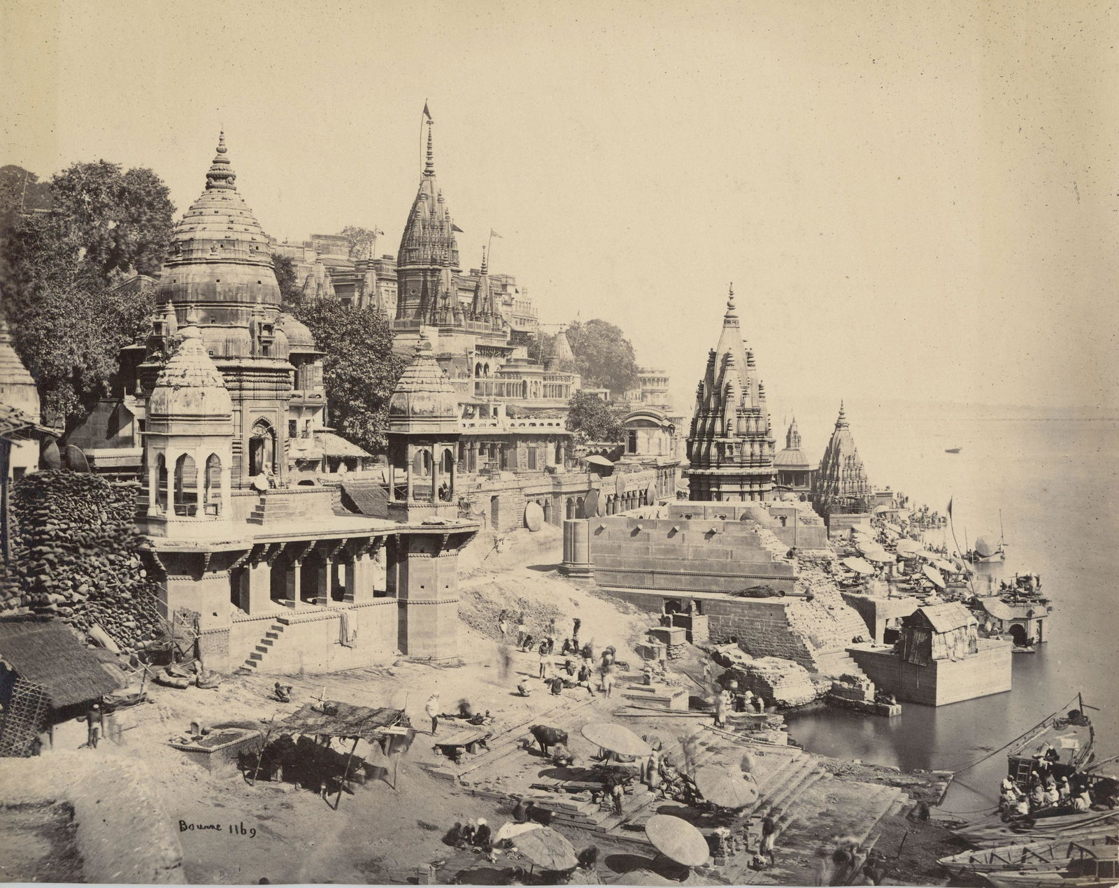 INDIA. Benares; The Burning Ghat. C1868: Benares; The Burning Ghat. Samuel Bourne # 1169. Photographer's credit and number in negative. Very good contrast and tonality. Illustrated in Sieben Jahre Indien, Samuel Bourne. Page 182. 8.625 x 10.