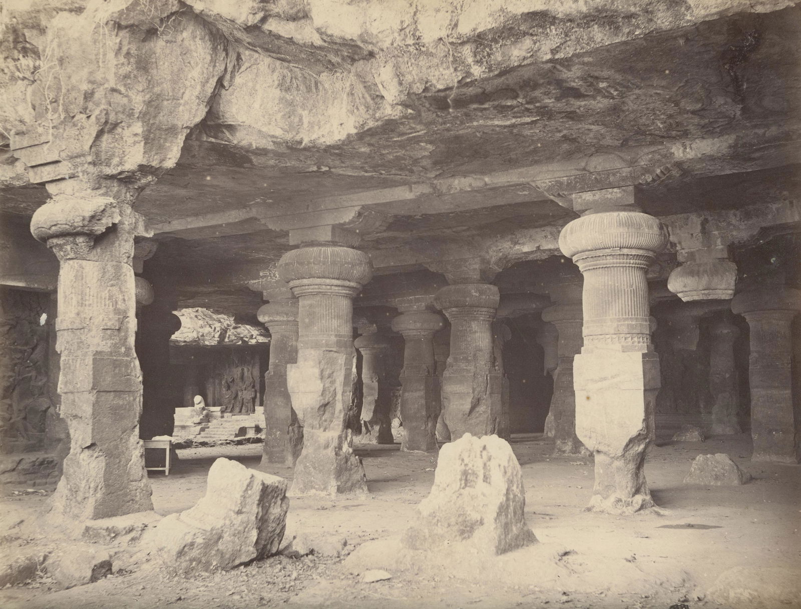 INDIA. Bombay; General view of the Great Cave of: Bombay; General view of the Great Cave of Elephanta, from the Entrance. Samuel Bourne # 2190. Very good contrast and tonality. 8.875 x 11.125 in.