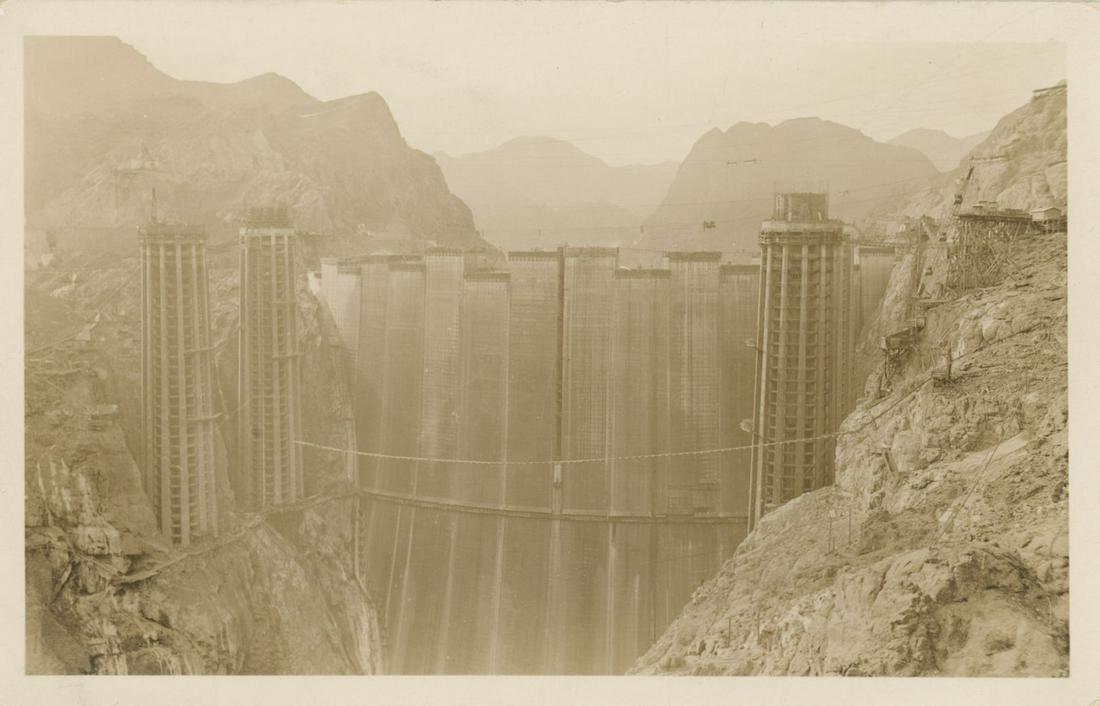 INDUSTRIAL. RPPC Back of the Hoover Dam under construction. c1935: Rarely seen view of the back of the Hoover Dam still under construction in c1935, before it was filled with water. Fair contrast and tonality. 3.5 x 5.5 in.
