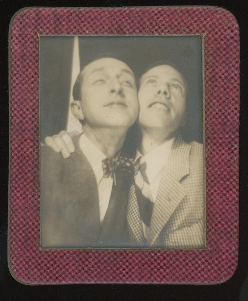 PEOPLE. Photomatic photograph of two men. C 1943: Photomatic photograph of two men. C 1943. Overall size 3 x 2.5 in. The photo booth was a private place where, hidden behind a curtain, you could take your own portrait. These pictures, taken without p