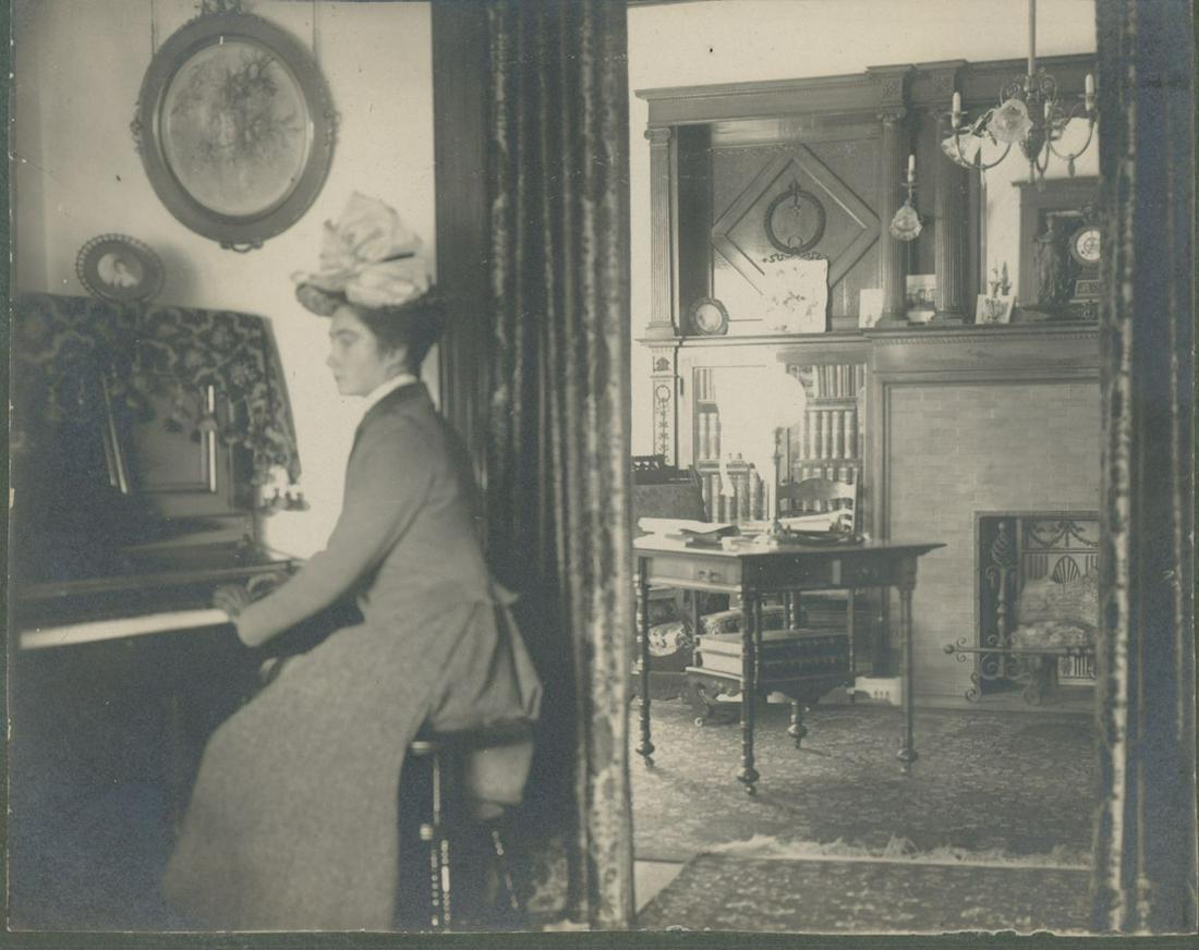 PEOPLE. Lady playing her piano. c1910: Lady playing her piano. C1910. Interesting view of her parlor. Good contrast and tonality. 3.75 x 4.75 in on board 5.25 x 6.25 in.