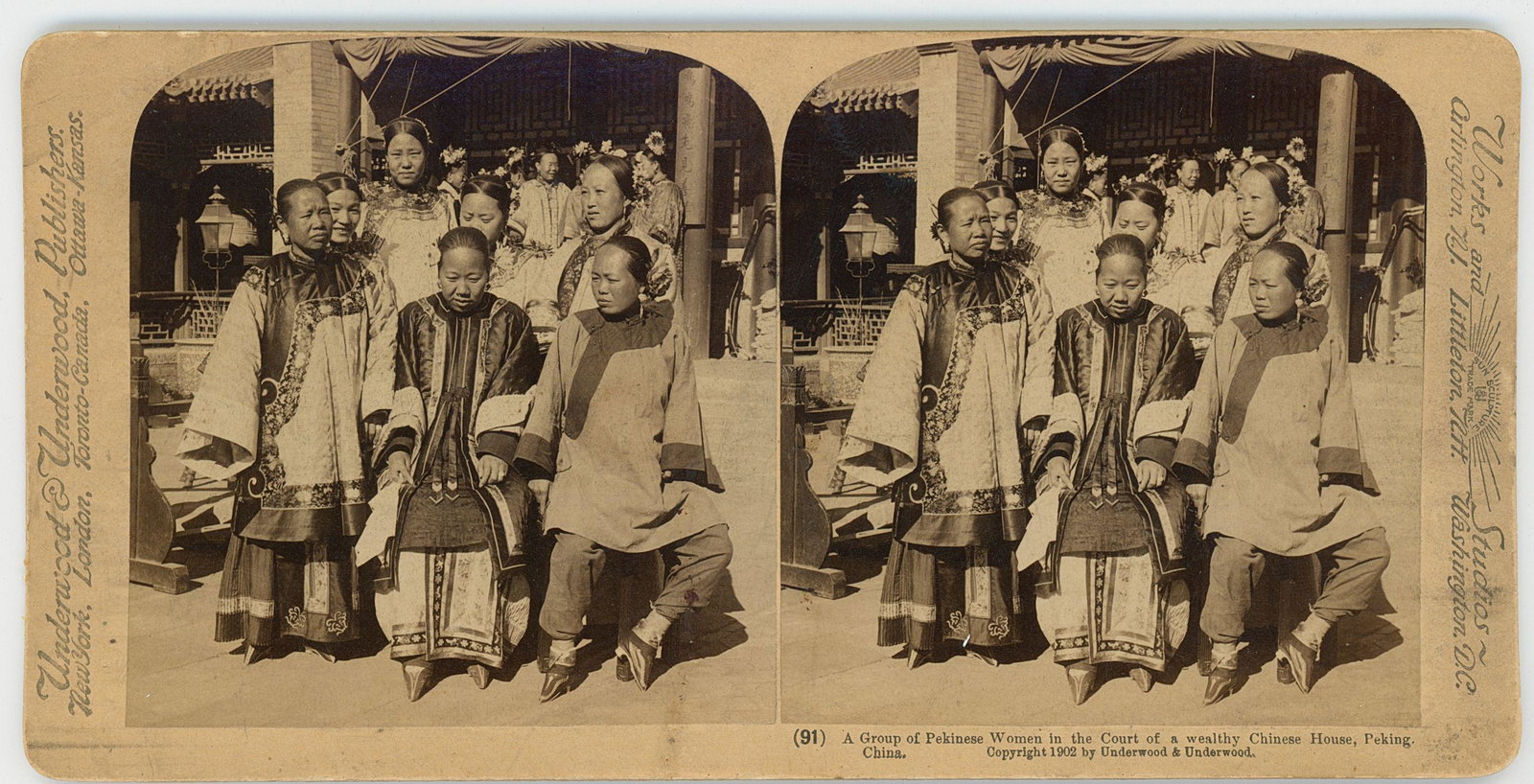 Chinese Women with Bound Feet Shoes. C1902: Stereo View Chinese Women with Bound Feet Shoes. C1902. Curved mount Underwood & Underwood. Very good contrast and tonality.