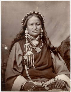 TIBET. Tibetan Lady wearing her wealth in jewelry. C1890: Tibetan Lady wearing her wealth in jewelry. Very good contrast and tonality. Photographer: A. Hefferan, Darjeeling. 7.75 x 6 in. 19.68 x 15.24 cm