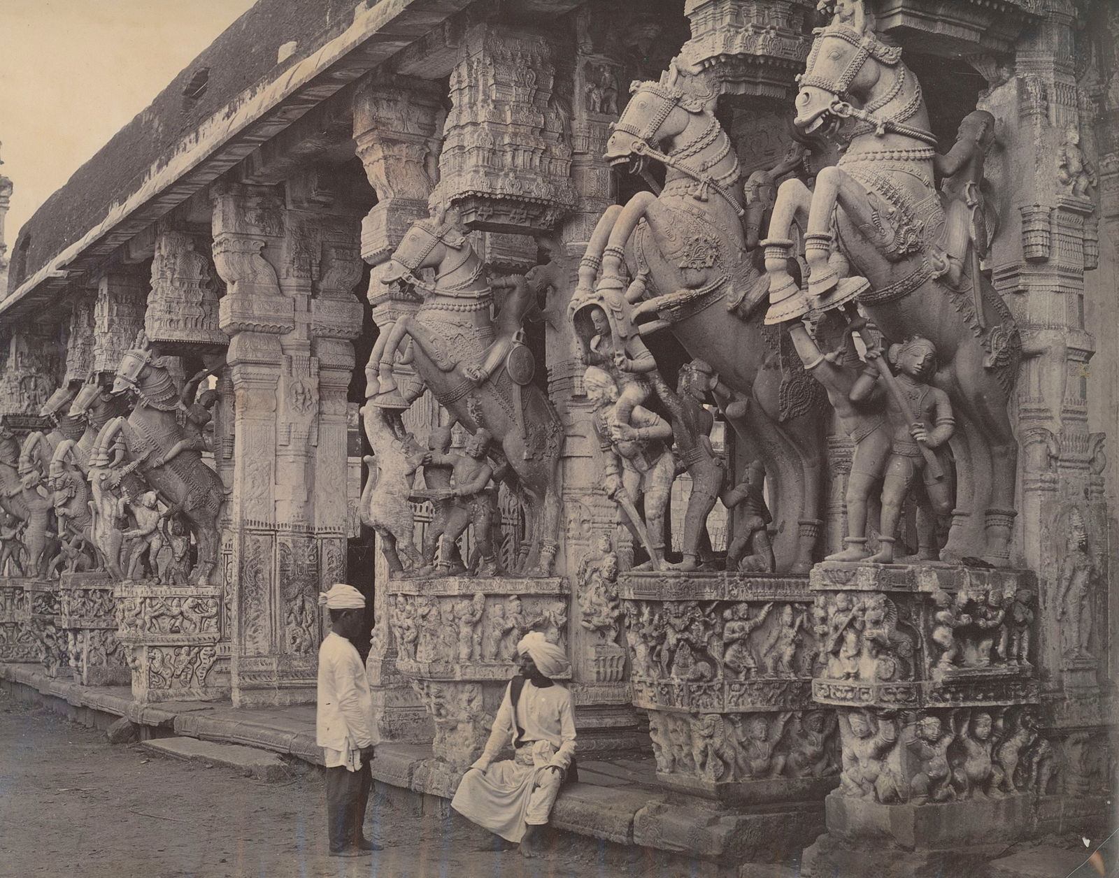 BOURNE, SAMUEL. Trichinopoly; Mundapam, with facade of carved Stone Horses. C1865: Trichinopoly; Mundapam, with facade of carved Stone Horses. Samuel Bourne # 2064. Photographer's credit and number in negative. Excellent contrast and tonality. Illustrated in Sieben Jahre Indien, Sam