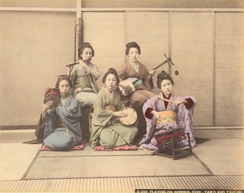 Musicians playing the Samisen, Fuve, Taiko & Tsuzumi. C1870