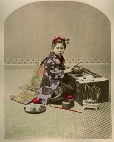 Young Geisha with Elaborate Obi, Japan. c1885. Good contrast and tonality, excellent hand-tinting.