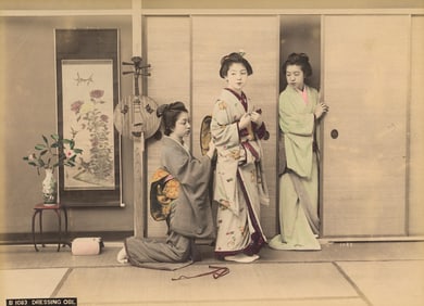 Geisha Tying Friend's Obi. c1870