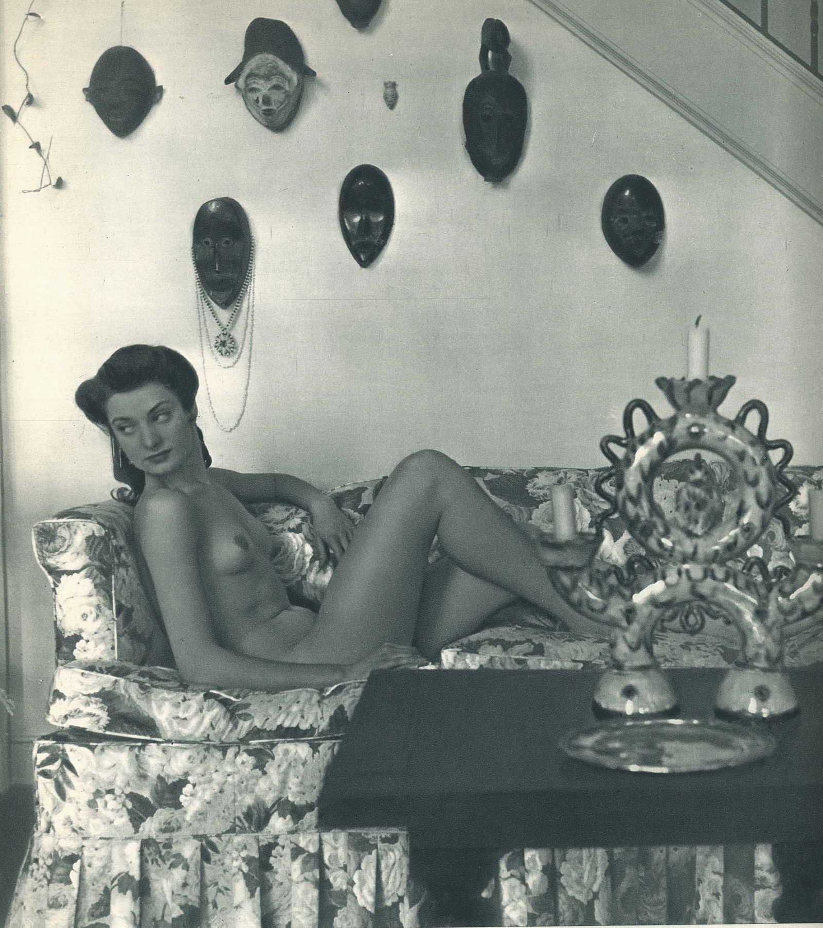 Nude by Andre Dienes. C1959: Nude by Andre de Dienes. (1913 - 1985). American-Hungarian photographer famous for nude photography and photographs of a young Marilyn Monroe. 9.5 x 9 in. Reverse: 10.5 x 9 in.