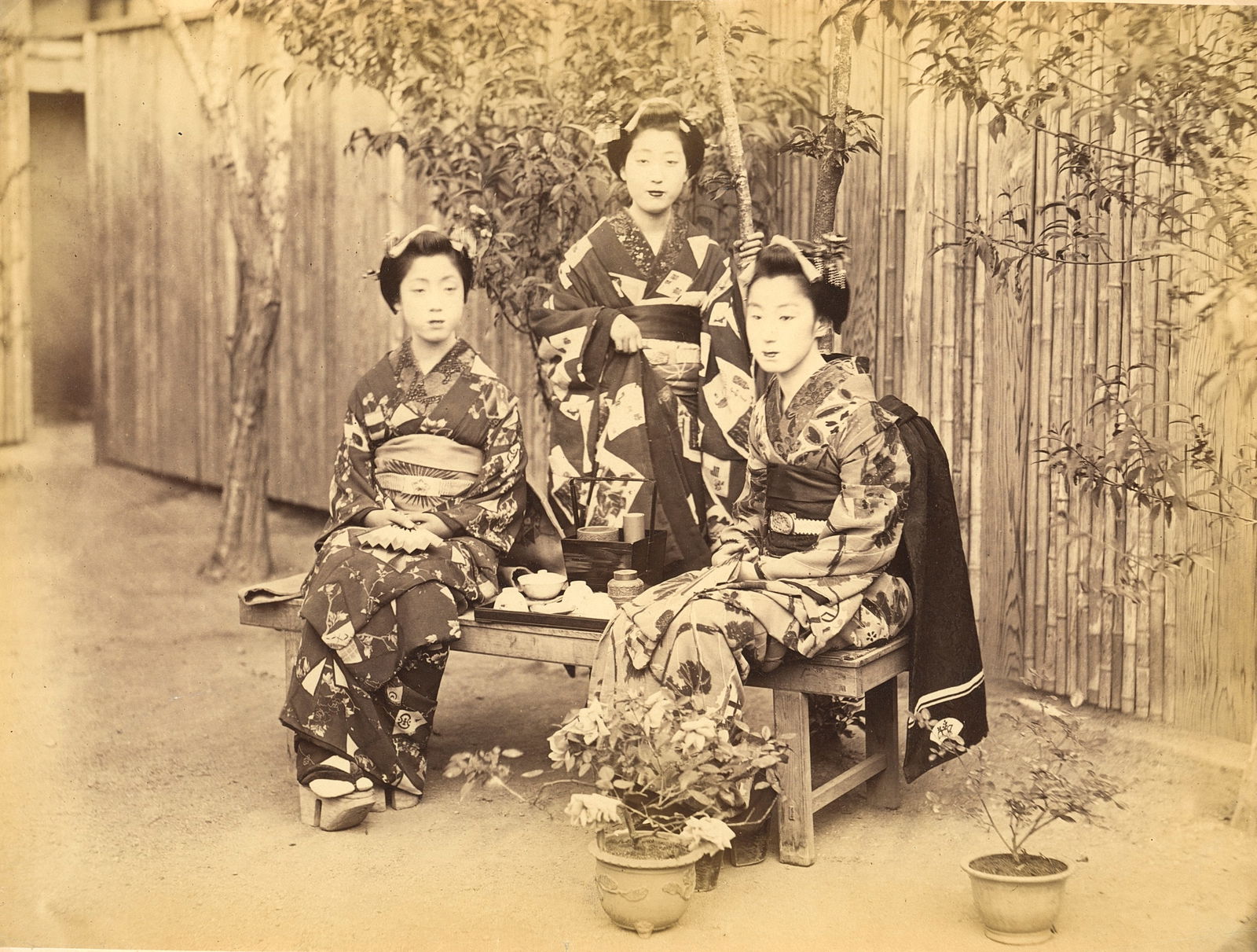 JAPAN. Courtesans Relaxing in a Garden. C1865: Courtesans Relaxing in a Garden. C1865. Very good contrast and tonality. Attributed as an early Felice Beato photograph. 7.875 x 10.5 in.