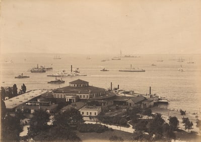 U.S.A. Castle Garden, New York City with the side wheeler Niagara on the River. C1880