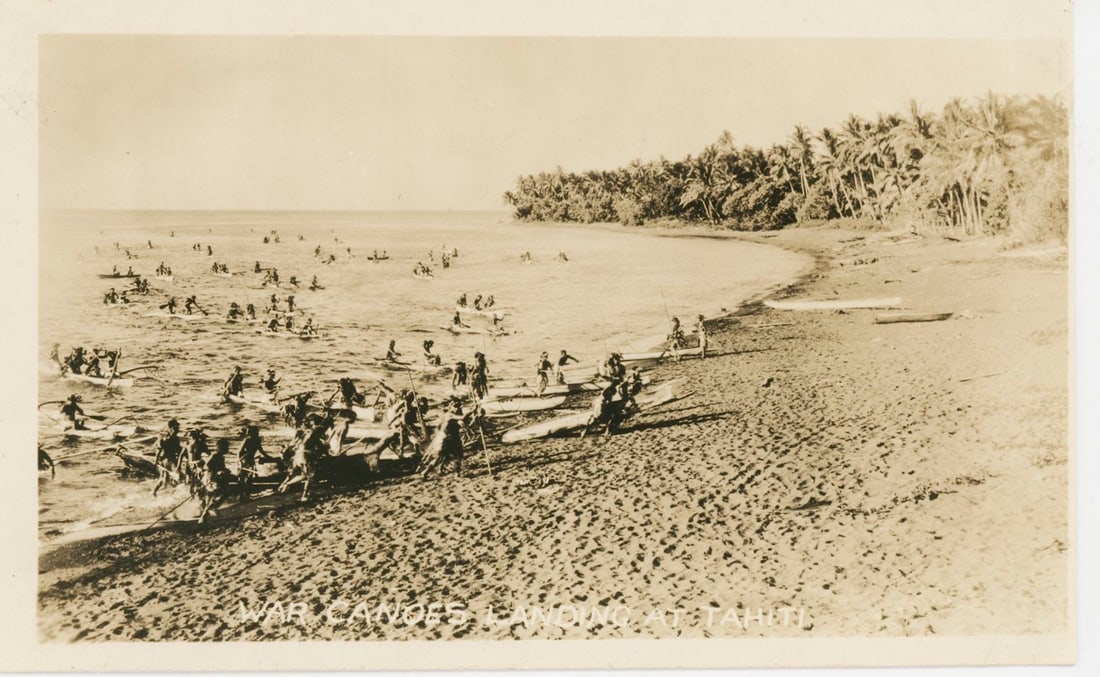 War Canoes landing in Tahiti. C1940: War Canoes landing in Tahiti. C1940. 3.125 x 5.25 in.