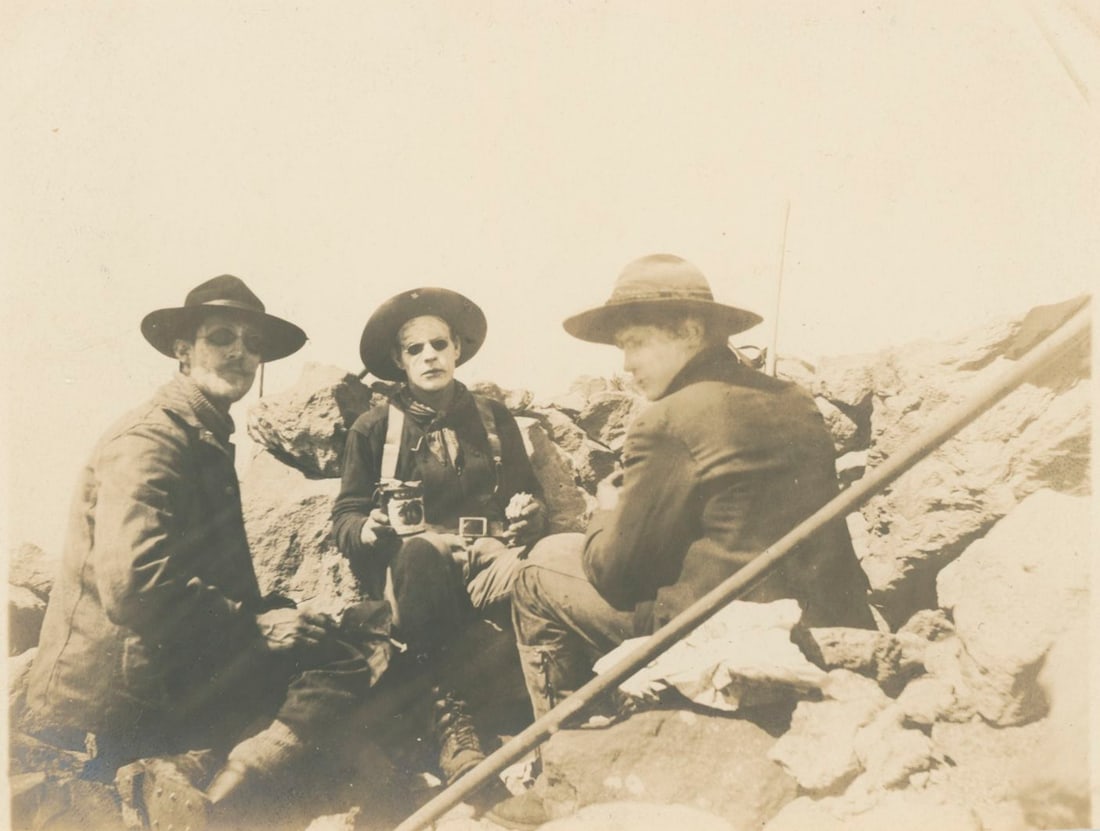 Mountaineers taking a break. c1930: Mountaineers taking a break. C1930. 3.5 x 4.5 in.