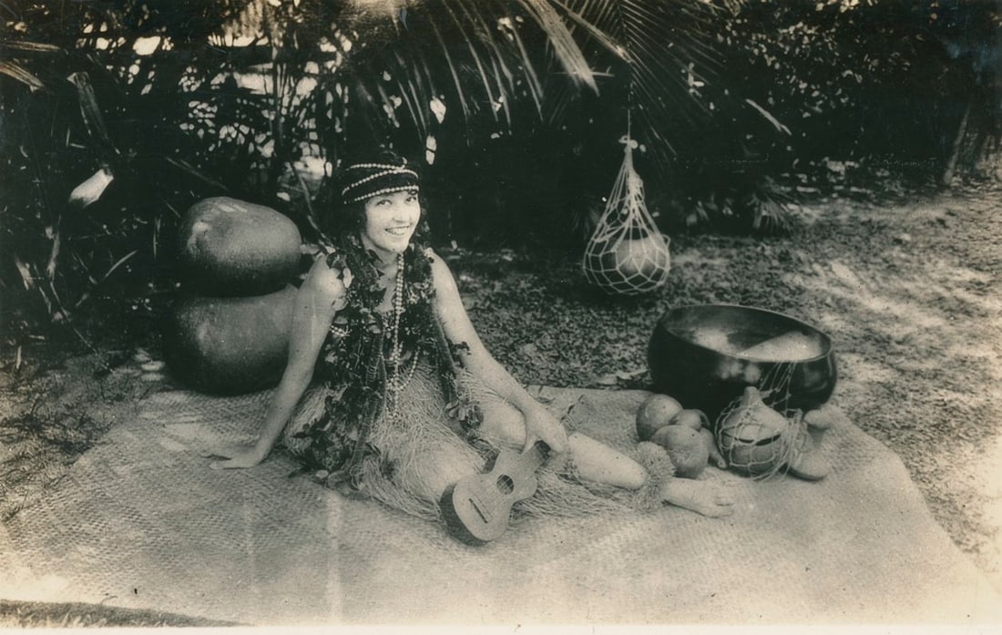 Hawaiian Girl with Ukelele. c1940: Hawaiian Girl with Ukelele. C1940. 5 x 3.125 in.