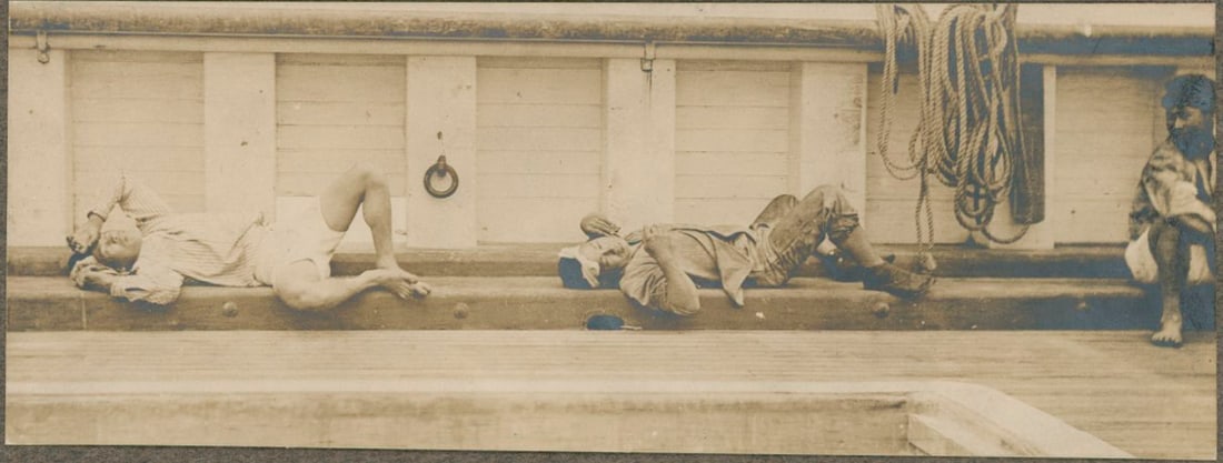 Taking a Break on board a ship, Hawaii. c1910: Taking a Break on board a ship, Hawaii. C1910. 4.5 x 1.75 in