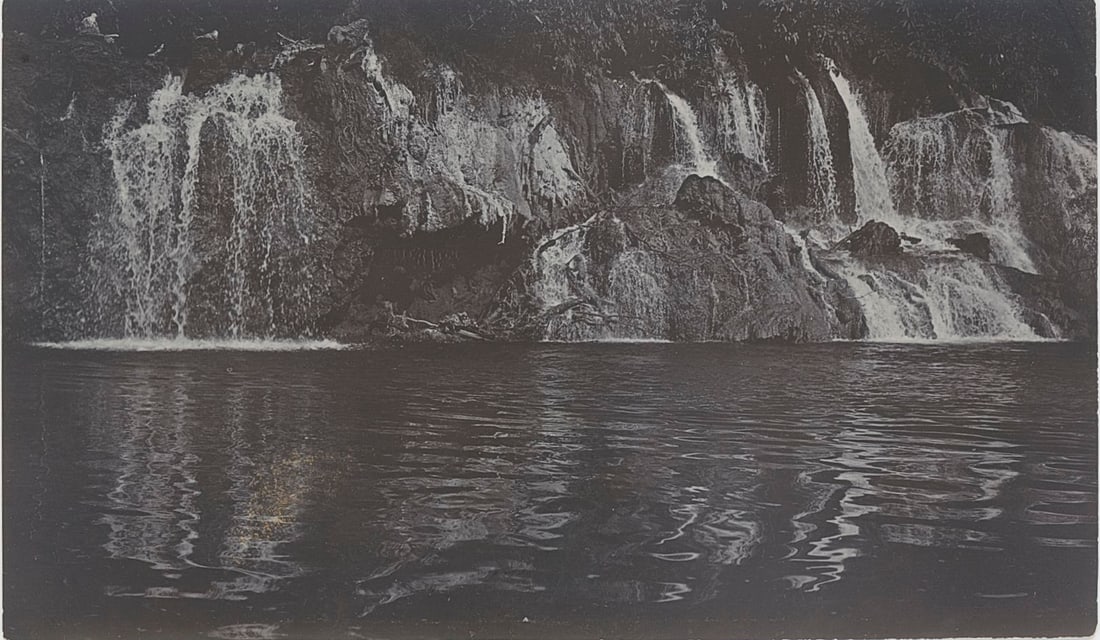 Waterfall near Sayok on Kunburi River. c1920: Waterfall near Sayok on Kunburi River. C1920. 3.125 x 5.375 in