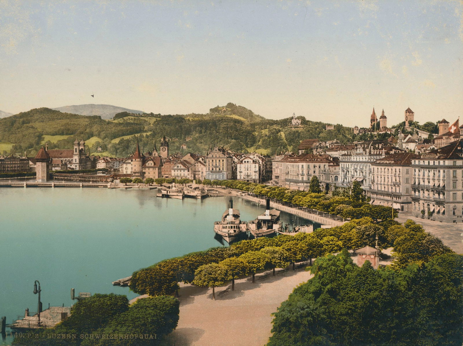 Lucern, Schweizerhofquai: Photochrome. c1890. 6.5 x 8.75 in. Lucern, Schweizerhofquai. Rev: Lucerne, Musegg and Pilatus,