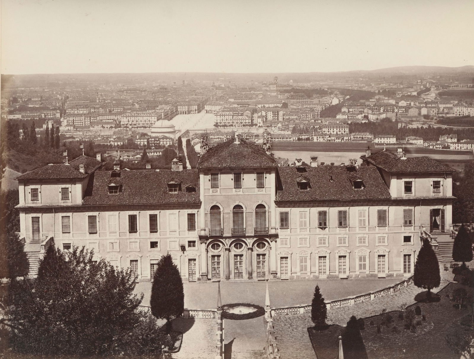 Panorama of Turin, Italy. c1880: Panorama of Turin, Italy and the Villa Regina. C1880. Good contrast and tonality. Photographer: G. Sommer. 7.75 x 9.5 in. Reverse: Statue of Cavour and Statue of Manuel Filberti, Turin.
