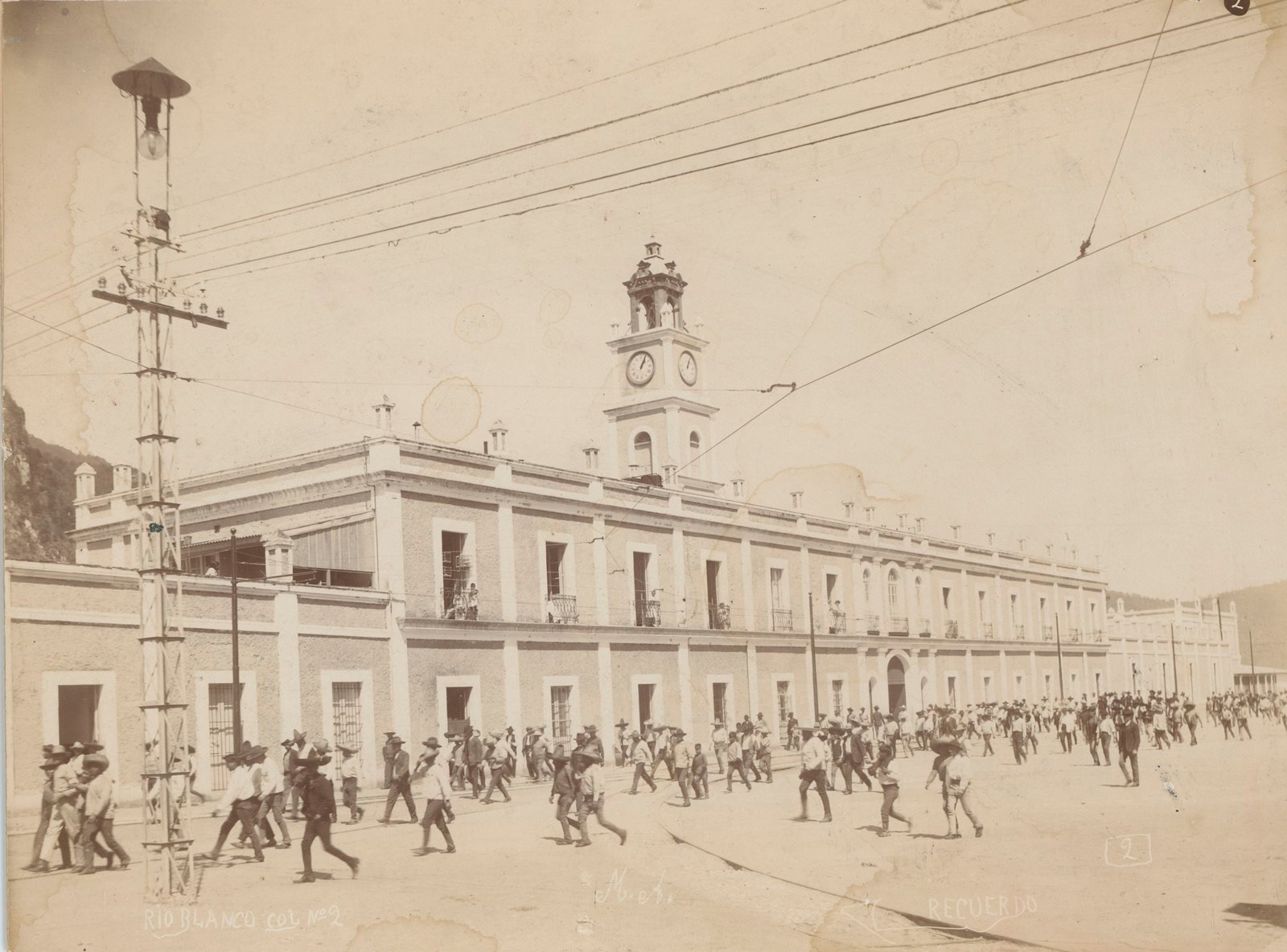 Crowd of Men in Rio Blanco, Mexico. c1890: Crowd of Men in Rio Blanco, Mexico. C1890. Good contrast and tonality, some water damage. Photographer unidentified. 7.25 x 9.5 in.