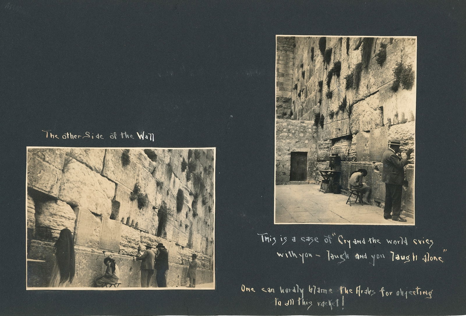 Wailing Wall, Jerusalem. Album sheet. c1928: Wailing Wall, Jerusalem. Album sheet. C1928. 2 photographs. Reverse: Bethlehem, Church of the Nativity. Photyographs 3 x 4 in. Sheet 6.875 x 10.25 in.