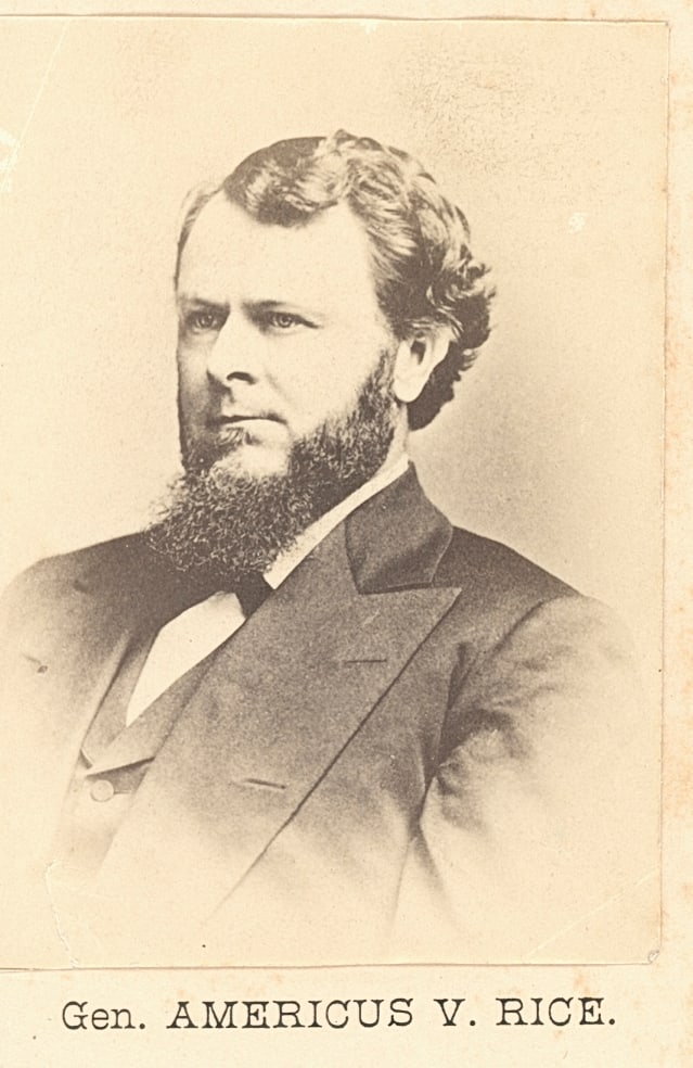 General Americus V. Rice. c1870: General Americus V. Rice. C1870. He served in the Union Army during the American Civil War and was appointed brigadier general at the end of the war, on May 31, 1865. From 1875 to 1879, he served two