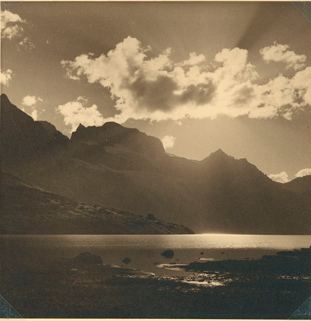 Lake Gangabal, 11,800 ft. elevation, Kashmir. August 1937: Lake Gangabal, 11,800 ft. elevation, Kashmir. August 1937. Very good contrast anad tonality. 4.5 x 4.5 in.