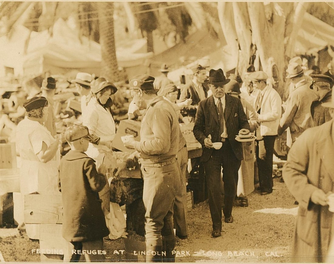 Feeding Refugees, Long Beach Earthquake. c1933: Feeding Refugees at Lincoln Park, California, Long Beach Earthquake. C1933. Fair contrast and tonality. Unidentified photographer. 3.5 x 4.375 in.