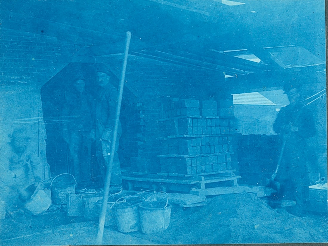 CYANOTYPE. Bricklayers at work. c1910: Bricklayers at work. C1910. Fair contrast.3.375 x 4.375 in. Reverse: Construction of a factory, location unknown. 3.375 x 4.375 in.