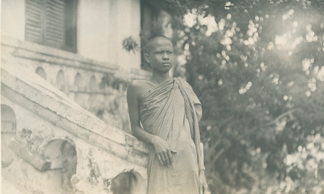 Bhuddist Monk, Bangkok, Siam. C1920.: Bhuddist Monk, Bangkok, Siam. C1920. Good contrast and tonality. 3.125 x 5.125 in.
