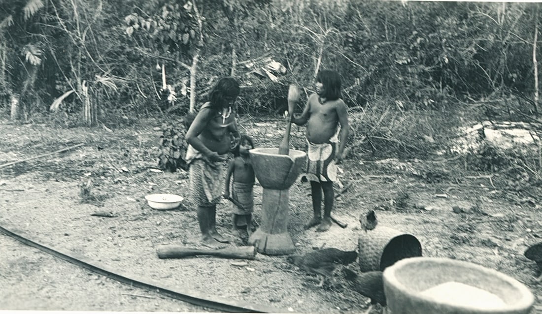 Darien Indians pounding corn. Panama. c1940: Darien Indians pounding corn. Panama. C1940. Very good contrast and tonality. 2.375 x 4.125 in.