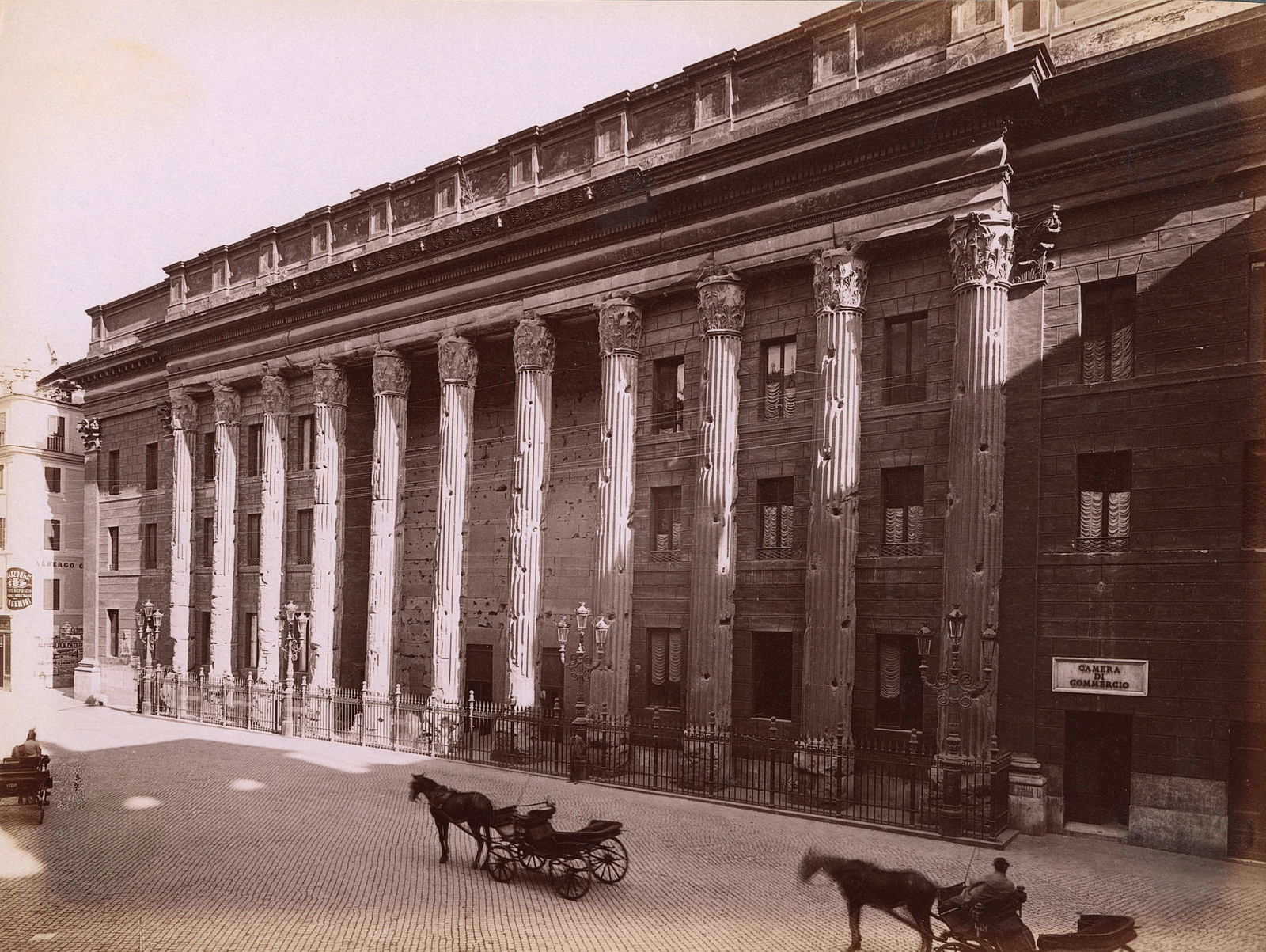 Italy. Tiempo di Nettuno od Antonio Pio. c1880: Italy. The façade of Tiempo di Nettuno od Antonio Pio showing the later contemporary building behind it and the photographer's studio on the right side. Very good contrast and tonality. 7.5 x 10 in