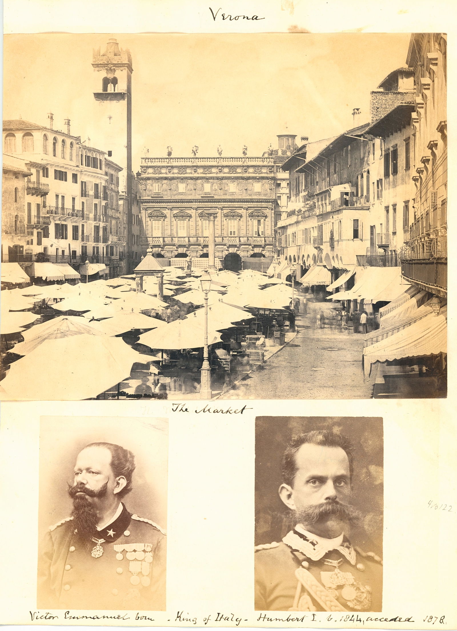 Kings Victor Emanuel & Humbert I: Album Sheet 11.25 x 8.25 in. with 4 photographs. C1878. Front: Western FaÃ§ade of St. Mark's Cathedral, Venice. 8.25 x 6.25 with very good contrast and tonality. Reverse: The Market, Verona. 6.5 x