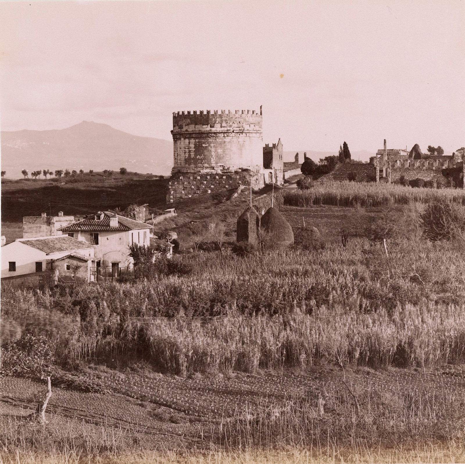 Via Apia e Sepolcoro de Cecilia. Italy. C1880: Via Apia e Sepolcoro de Cecilia. Italy. C1880. Good contrast and tonality. 7 x 7 in.