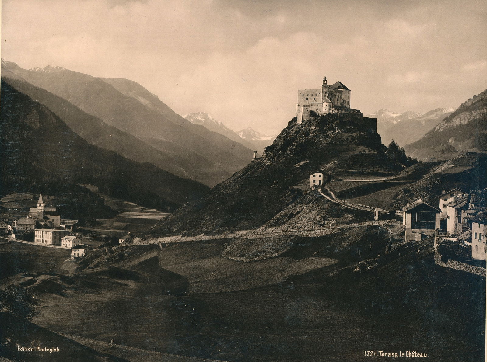 Photochrome - The Chateau, Tarasp. c1900: Photochrome - The Chateau, Tarasp. Switzerland. C1900. By Edition Photoglob, Zurich. 8 x 10.5 in. Rev: Zell am See. Austria.