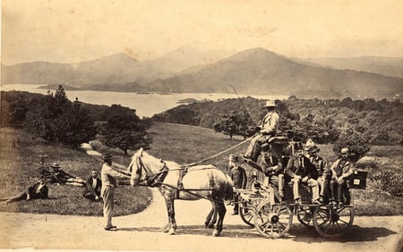 The Galway Mail Car carrying Passengers. Ireland. Good contrast and tonality. C1880. 4 x 6.5 in.