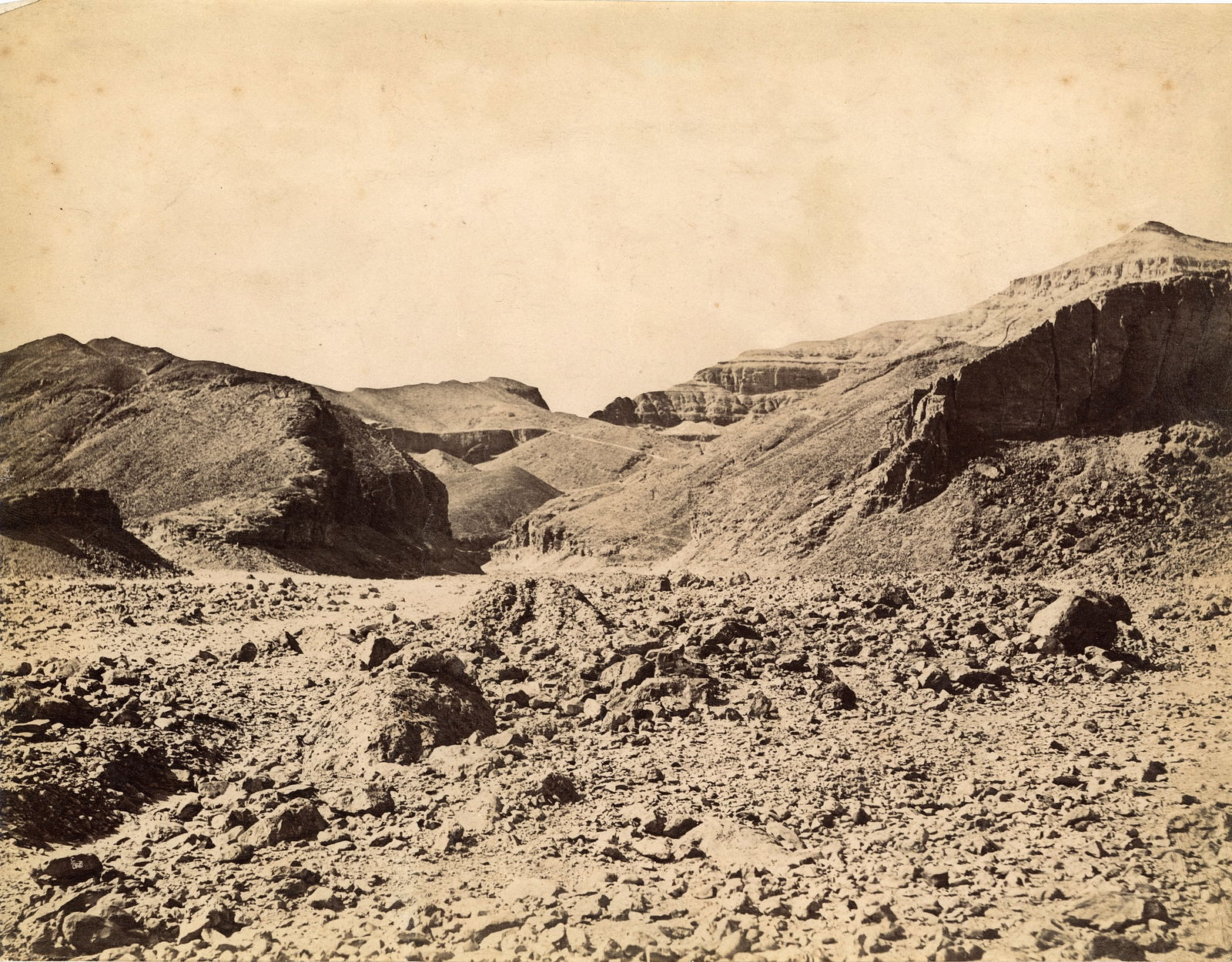 Entrance to the Valley of the Kings, Luxor, Egypt. c1883: Entrance to the Valley of the Kings, Luxor, Egypt. C1883. Good contrast and tonality. 8 x 10 in.