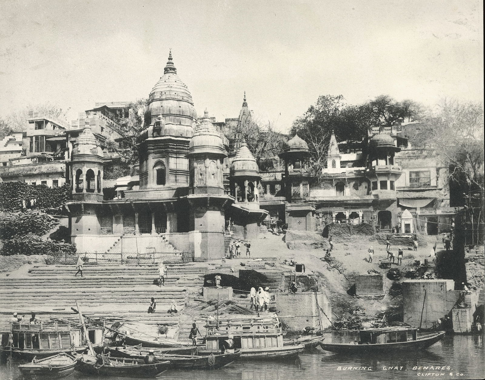 Collotype - Burning Ghat, Benares. c1900: Collotype - Burning Ghat, Benares. C1900. By Clifton & Co. 7.375 x 9.25 in.