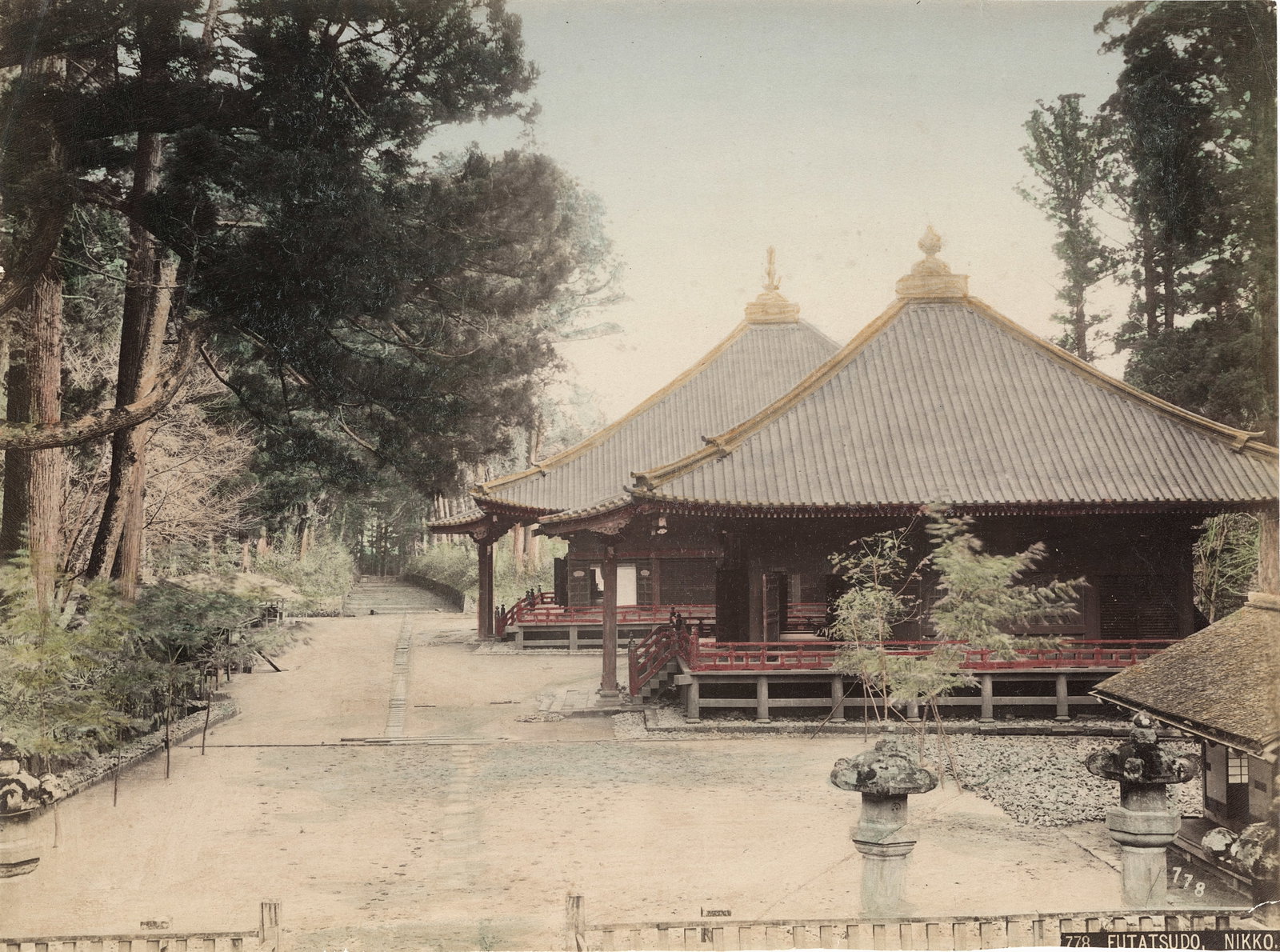 Hand-colored Albumen photograph of Futatsudo, Nikko. c1890: Hand-colored Albumen photograph of Futatsudo, Nikko, Japan. C1890. Good contrast and tonality. 7.625 x 10.125 in.