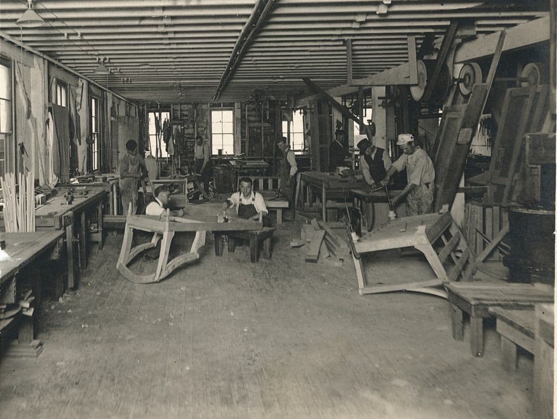 Interior of Cabinet Shop, Barkers Furniture, Los Angeles. C1950: Interior of Cabinet Shop, Barkers Furniture, Los Angeles. C1950. 3.5 x 4.5 in.
