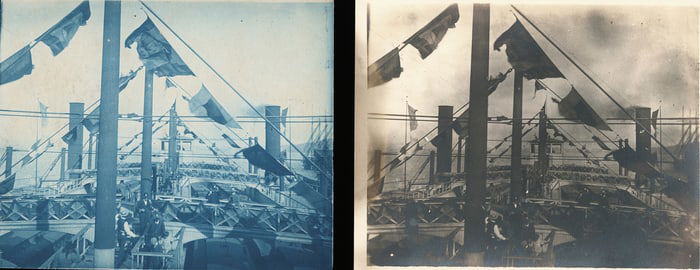2 Photographs of the same ship scene. C1900